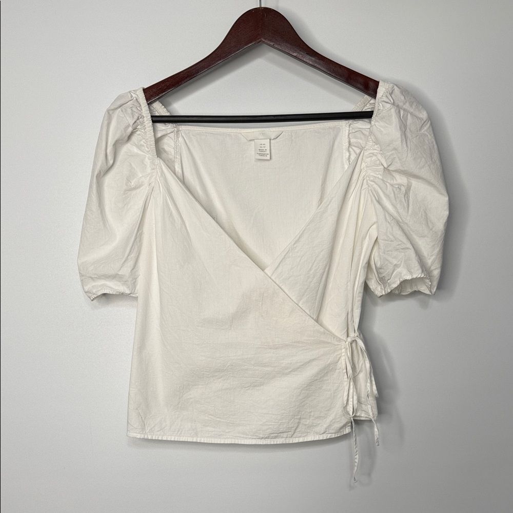 H&M White Puff Sleeve Wrap Blouse XS